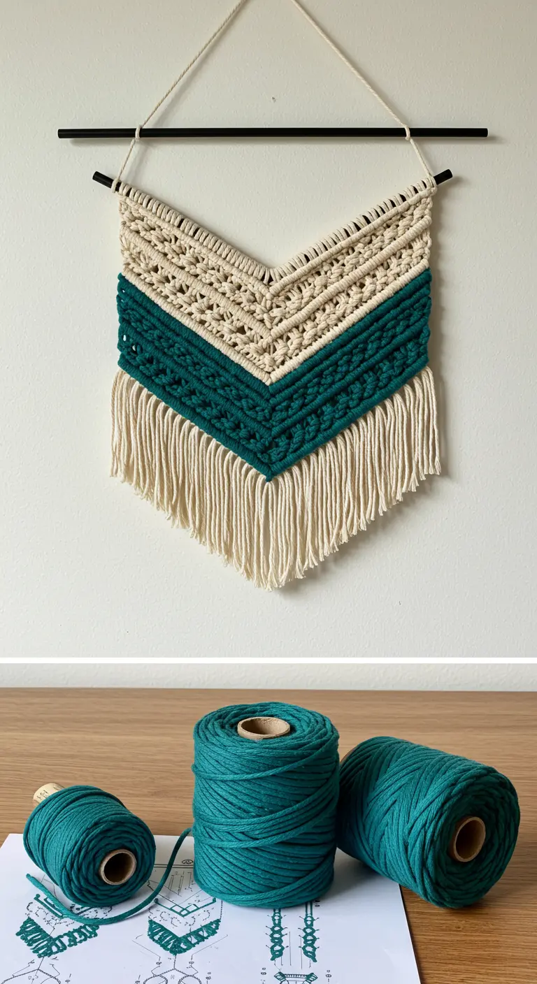 Tapiz de macramé con un bloque de color verde esmeralda en el centro