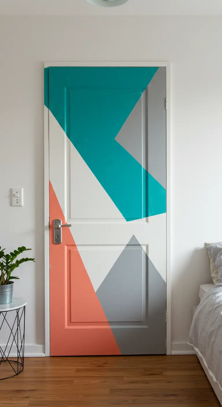 Cabecero de cama hecho con una puerta blanca pintada con un diseño geométrico en turquesa, coral y gris.