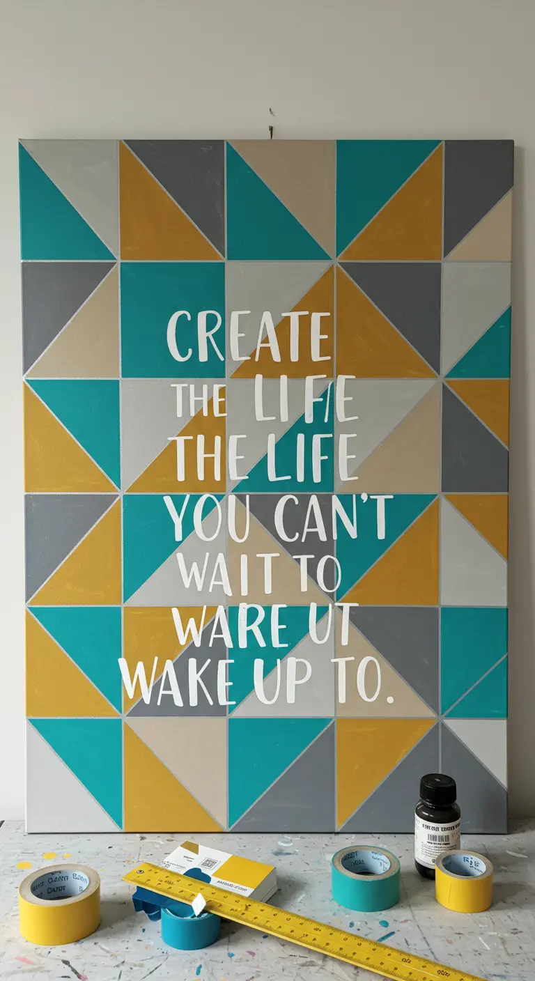 Lienzo con un patrón geométrico de colores y una frase motivadora pintada en blanco.
