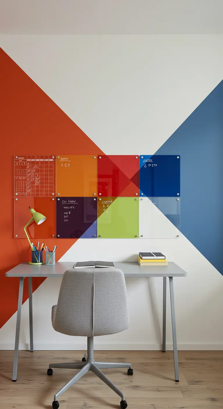 Pared con un diseño geométrico de colores sobre la que hay varias pizarras de cristal de colores.