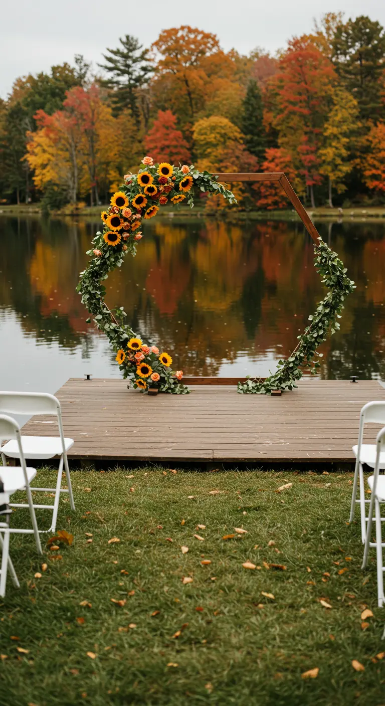 Arco de boda hexagonal decorado con girasoles en el muelle de un lago.