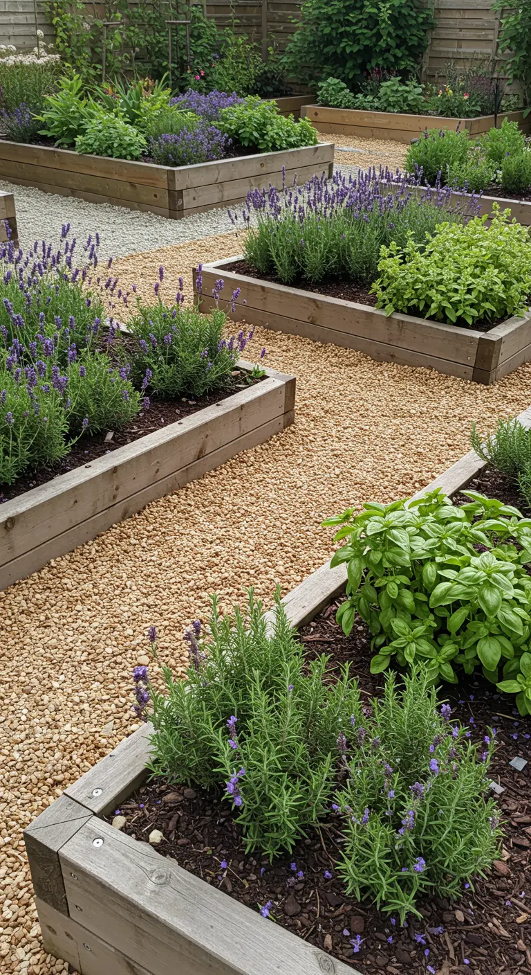 Huerto organizado en bancales de madera cuadrados y rectangulares con caminos de grava