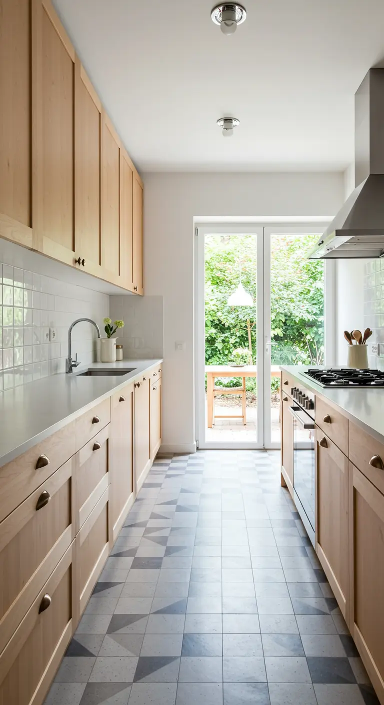 Cocina de pasillo con suelo de baldosas geométricas y armarios de madera clara que dan a un jardín.