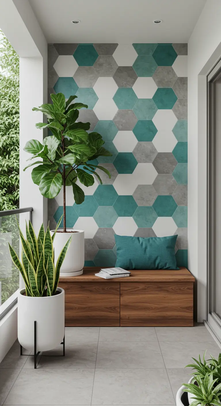 Balcón moderno con pared de azulejos hexagonales en verde y gris, y un banco de madera con plantas.