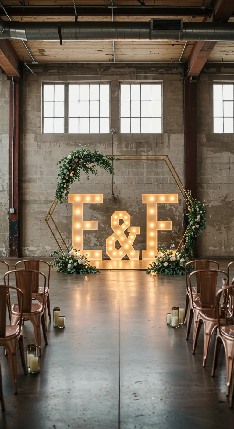 Iniciales luminosas E&F enmarcadas por un arco hexagonal dorado en una ceremonia de boda.