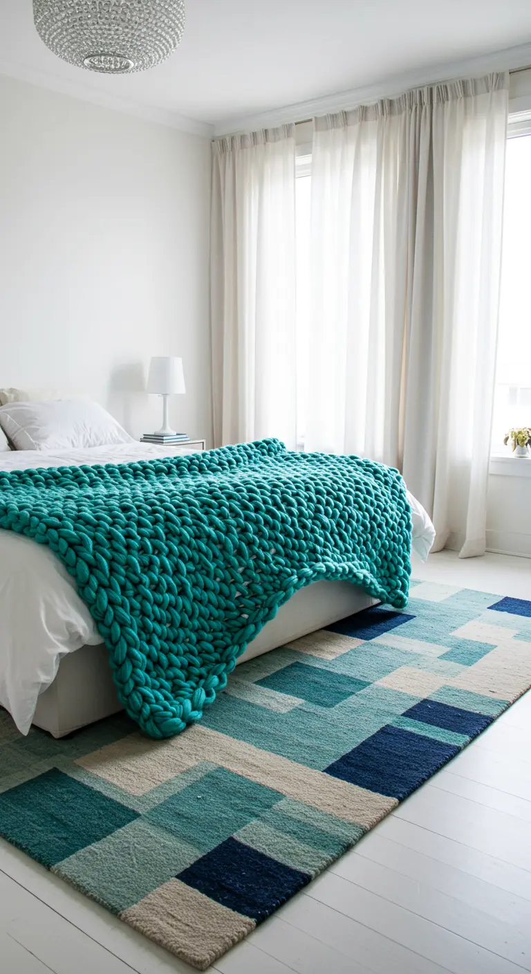 Dormitorio blanco con una gran manta de punto turquesa y una alfombra geométrica a juego.