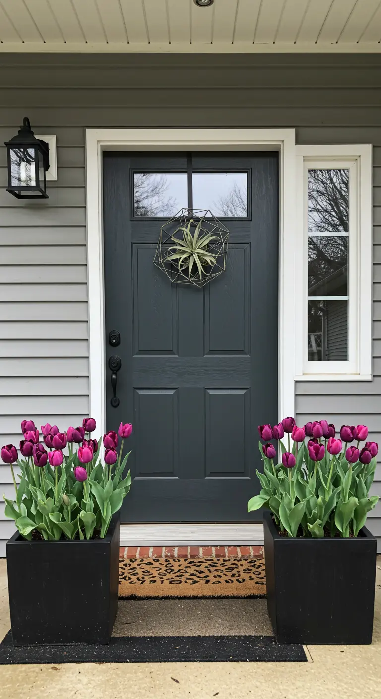 Entrada moderna con puerta gris oscuro, corona geométrica con planta de aire y tulipanes morados en maceteros negros