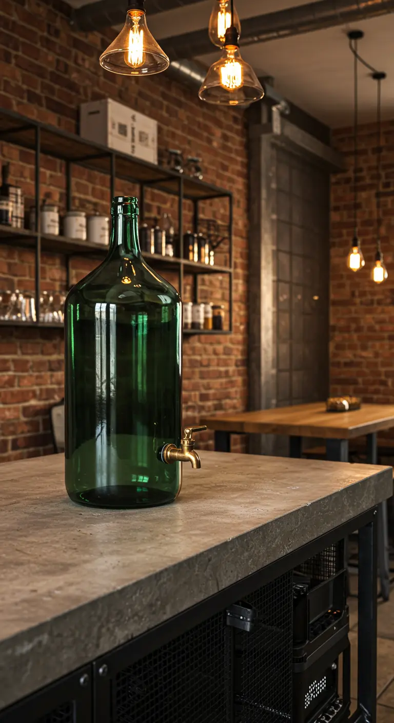 Gran damajuana verde convertida en dispensador de agua en una cocina de estilo industrial.
