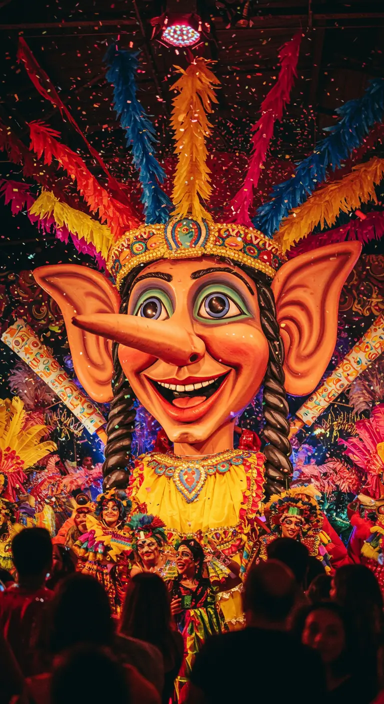 Figura gigante de carnaval con nariz larga y plumas de colores en medio de una multitud festiva.