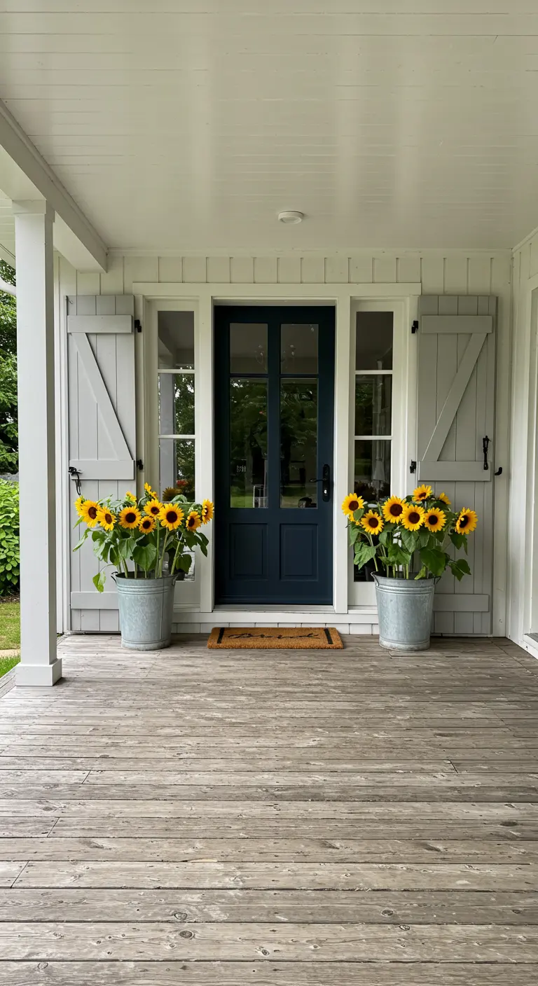 Porche de madera con puerta azul marino flanqueada por girasoles en grandes cubos de zinc