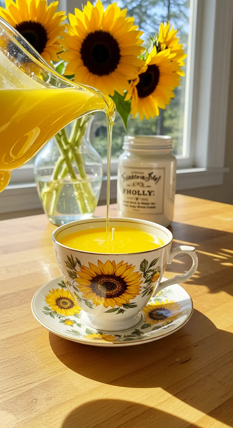 Vertiendo cera amarilla en una taza de té decorada con girasoles