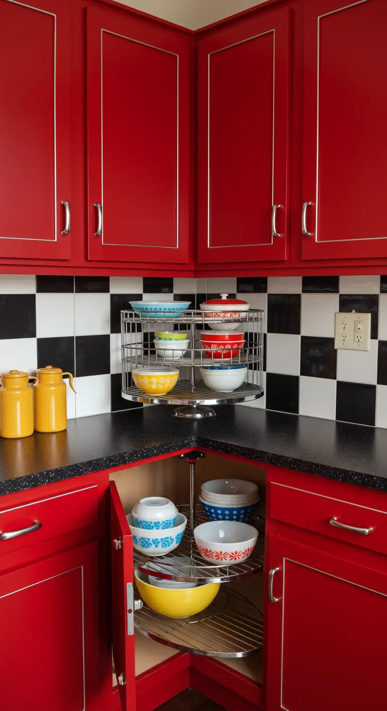 Cocina retro roja y negra con estantes giratorios de rejilla cromada para boles de colores.