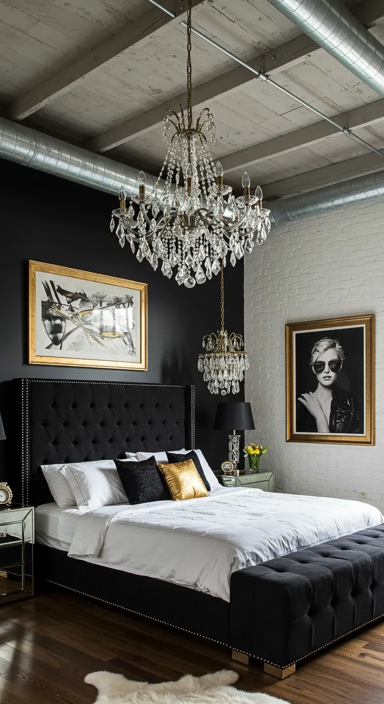 Dormitorio con techo industrial, pared negra y una gran lámpara de araña de cristal