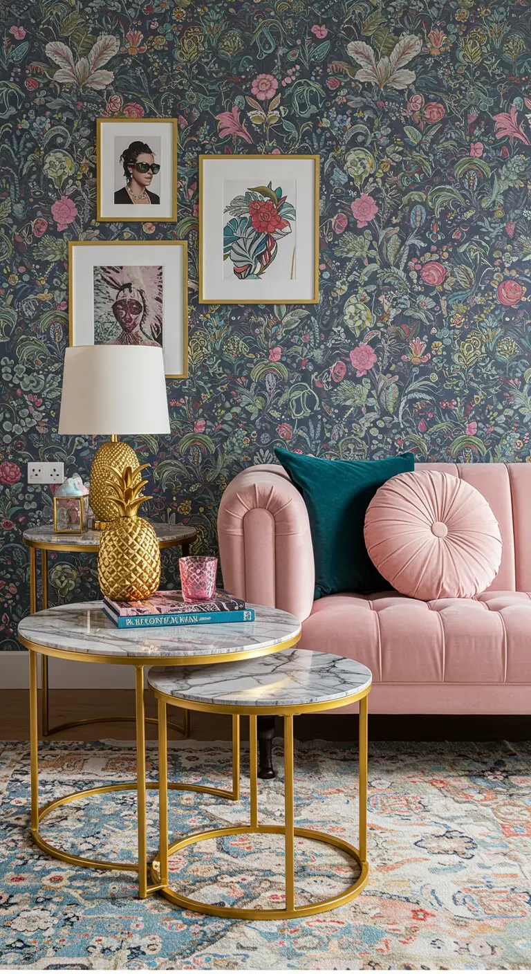 Salón ecléctico con papel pintado floral, sofá rosa de terciopelo y mesas nido de mármol y oro