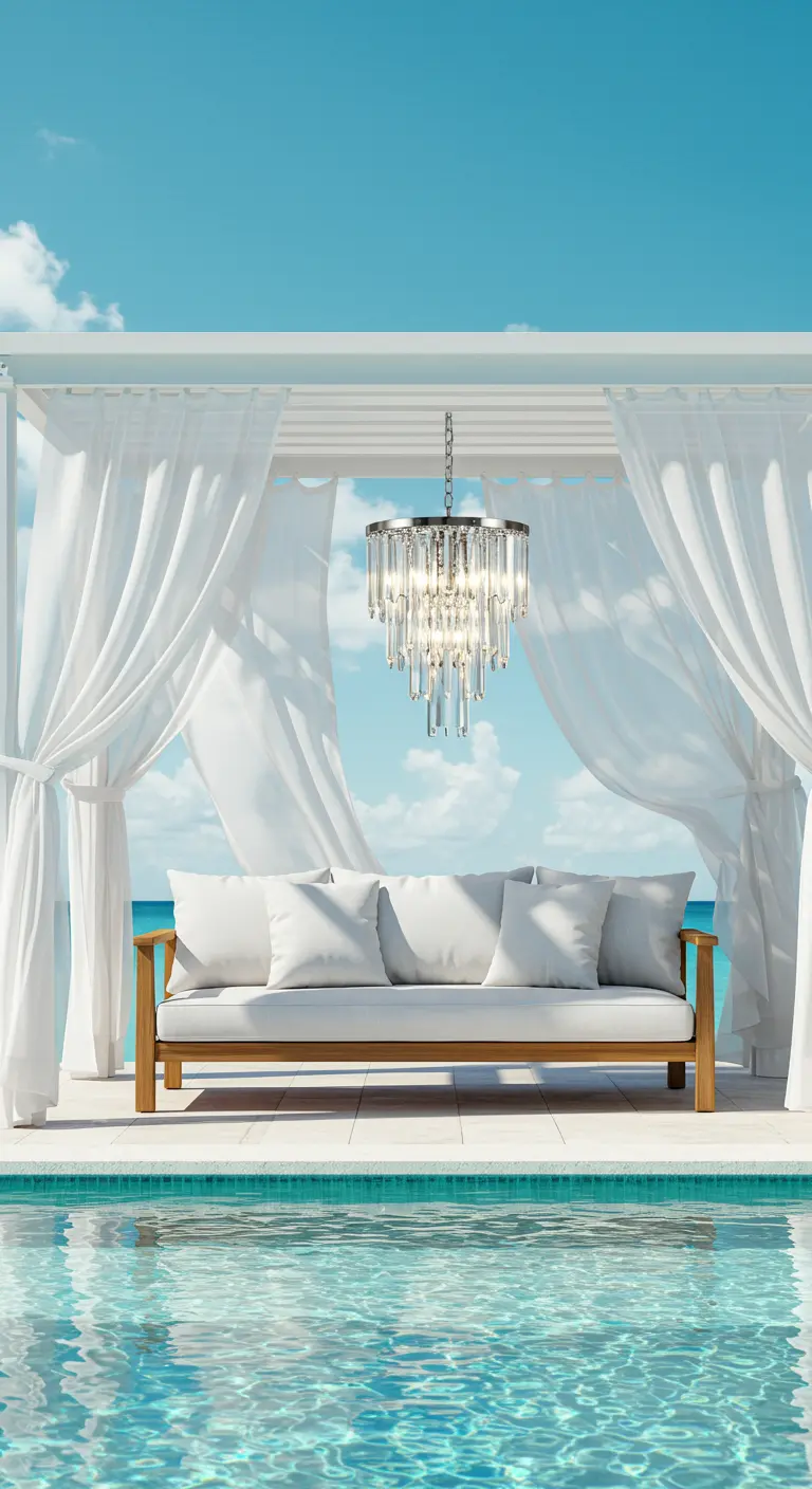 Zona de descanso junto a la piscina con sofá de madera, cortinas blancas y lámpara de cristal