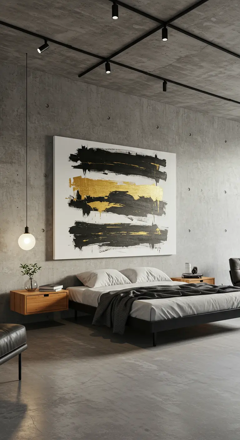 Dormitorio industrial con un gran cuadro abstracto en negro y dorado sobre la cama.