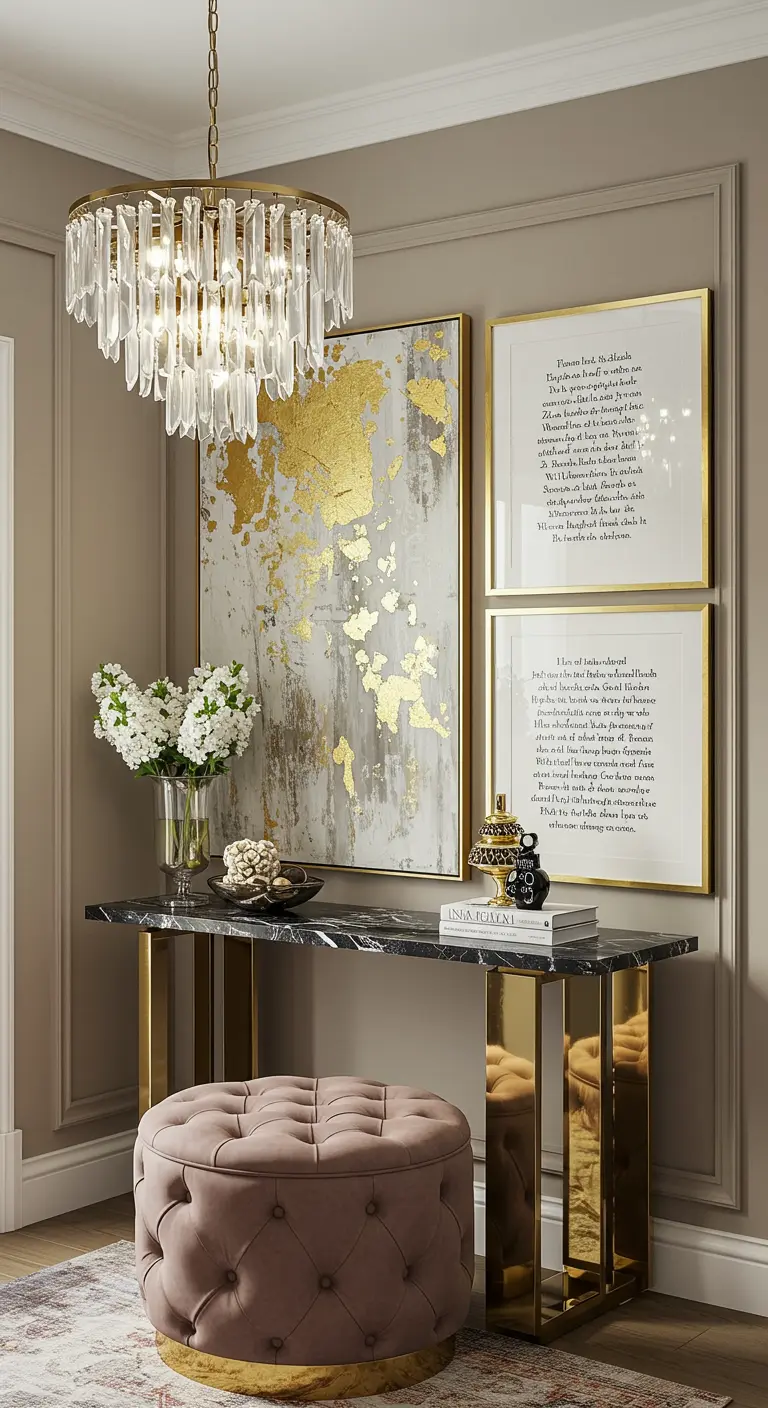 Entrada glamurosa con consola de mármol, arte abstracto dorado y dos cuadros con texto.