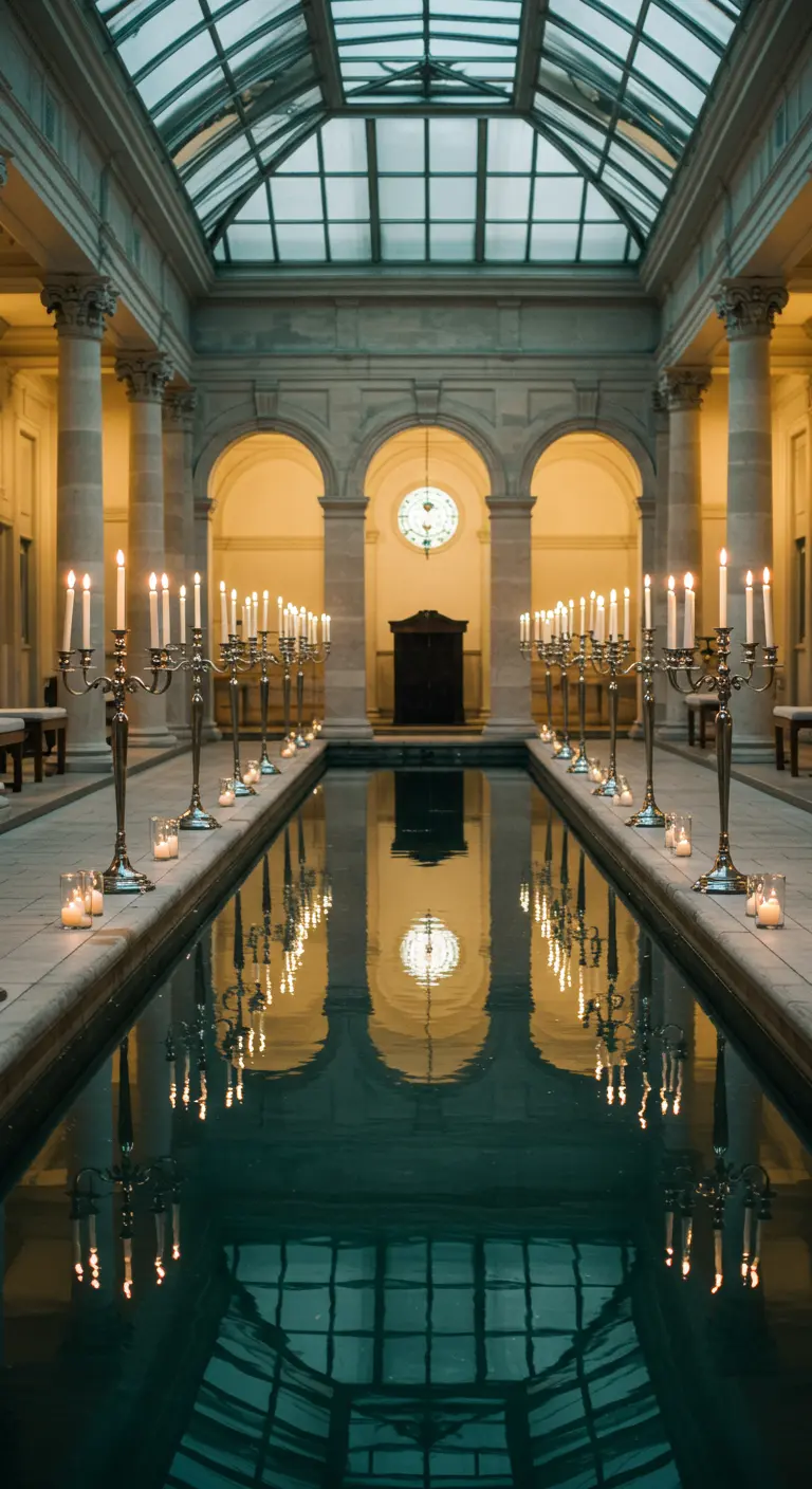 Pasillo de ceremonia junto a una piscina reflectante interior, flanqueado por candelabros plateados.