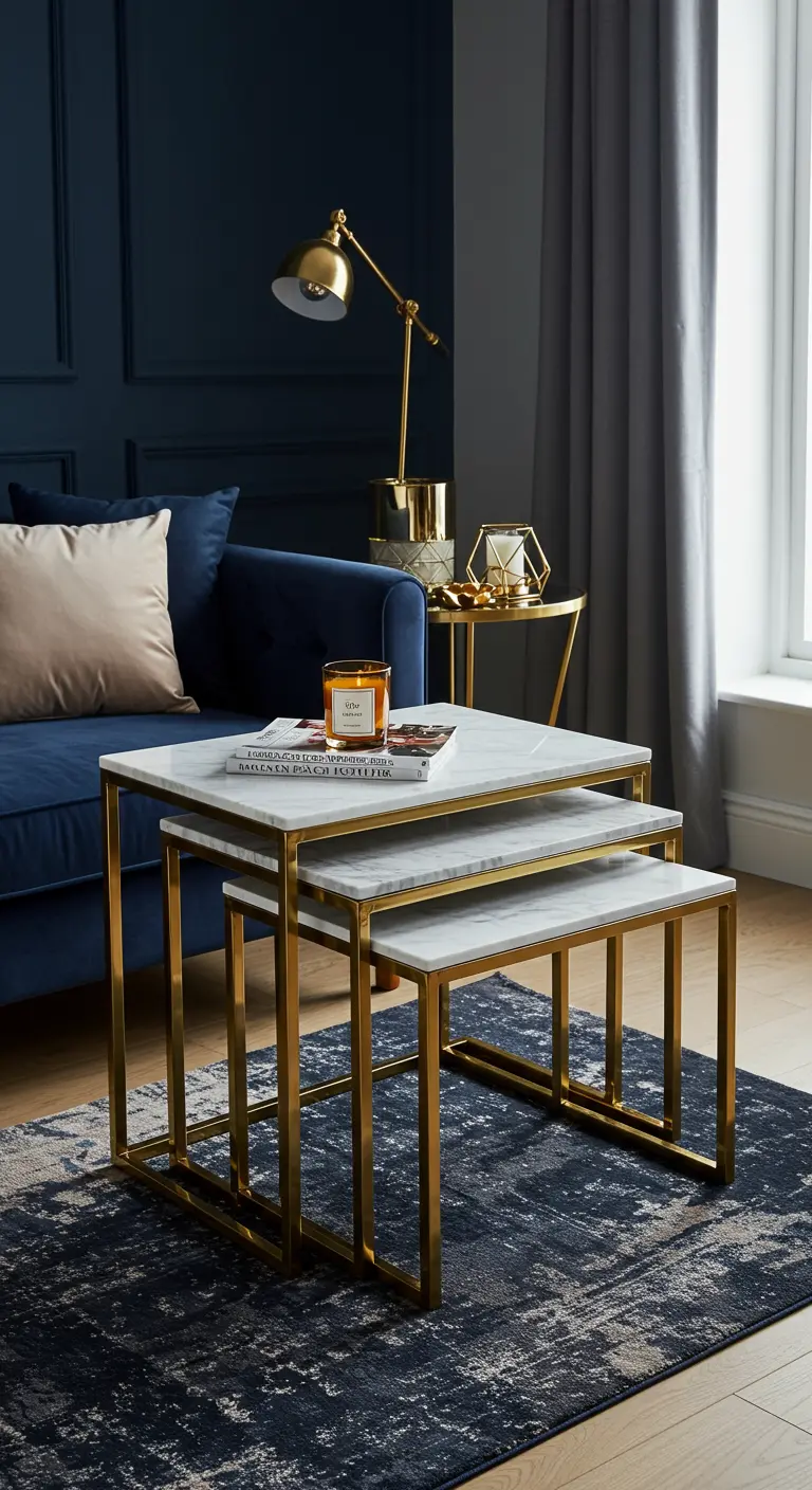 Juego de tres mesas nido cuadradas con superficie de mármol blanco y base dorada