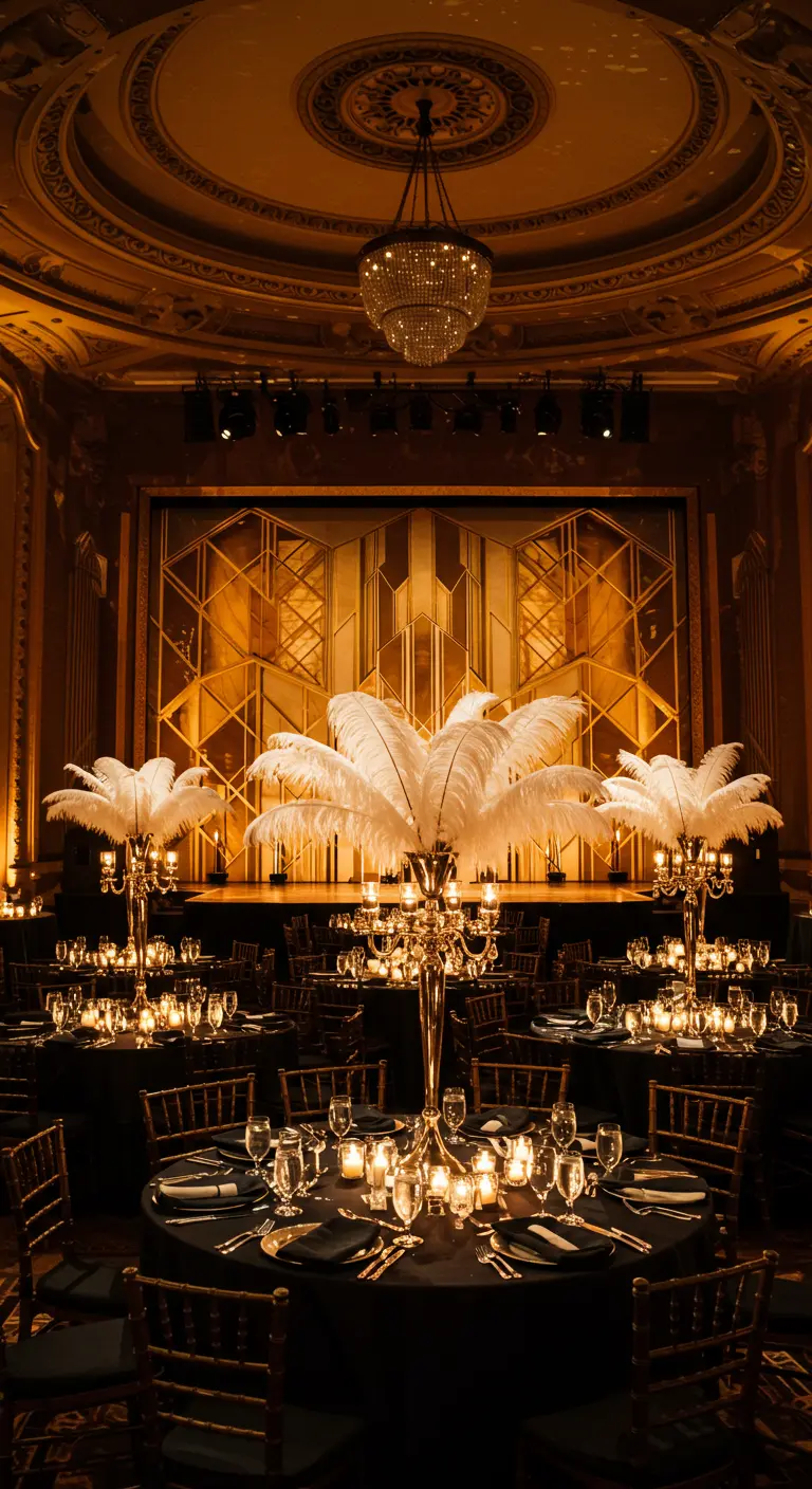 Recepción de boda estilo Art Déco con centros de mesa de plumas y detalles dorados.