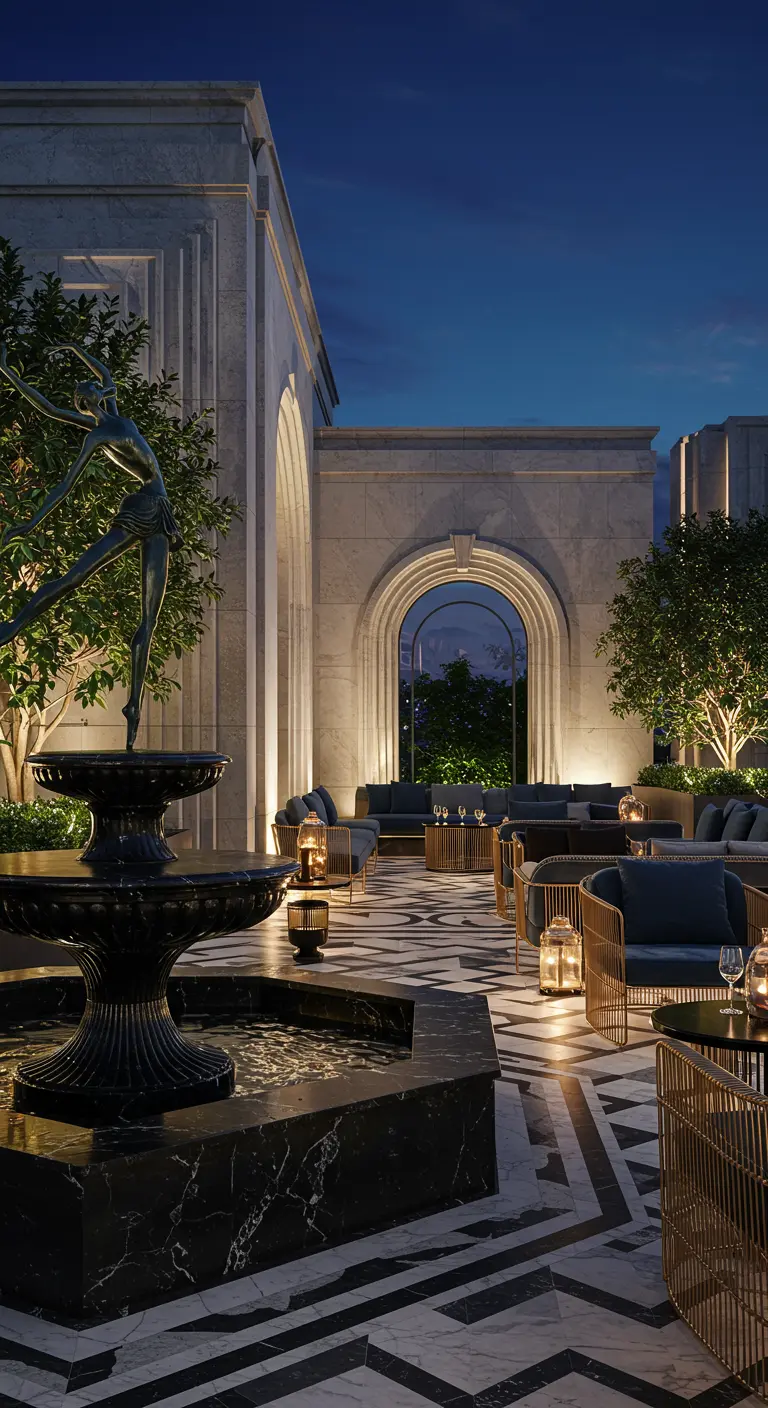 Terraza de lujo estilo Art Decó con suelo de mármol, fuente negra y muebles de terciopelo.