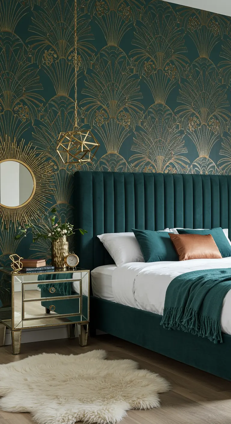 Dormitorio glamuroso con papel tapiz Art Decó en verde azulado y dorado, y cabecero de terciopelo