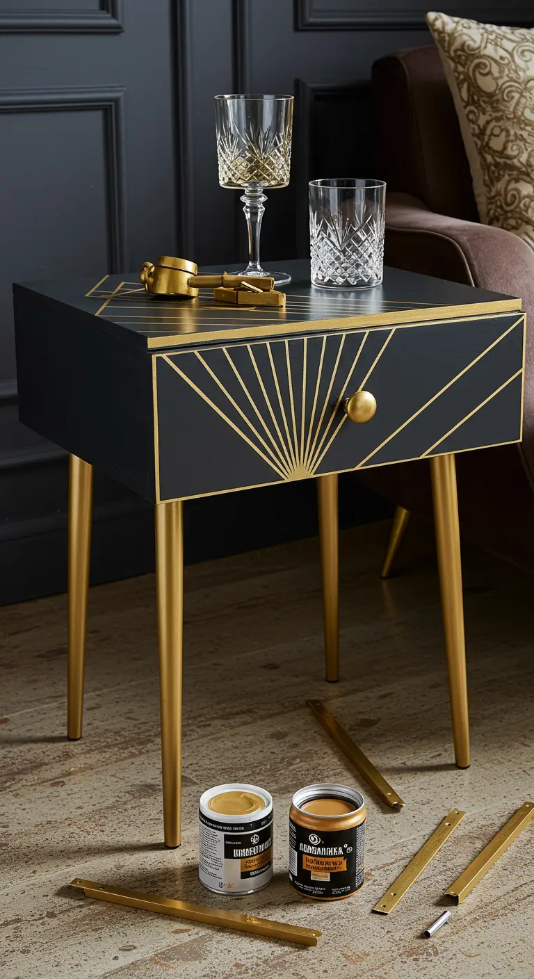 Mesa auxiliar negra con un patrón geométrico Art Déco en dorado y patas metálicas doradas