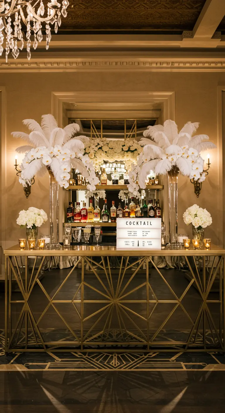 Elegante barra dorada de estilo Art Decó, adornada con grandes arreglos de plumas blancas y orquídeas.