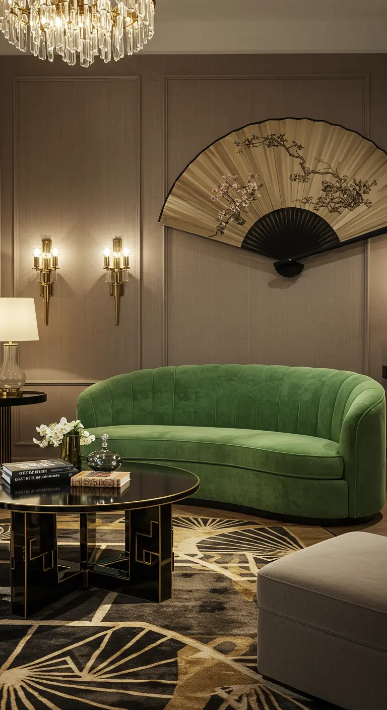Sala de estar Art Decó con un gran abanico japonés en la pared y un sofá de terciopelo verde.