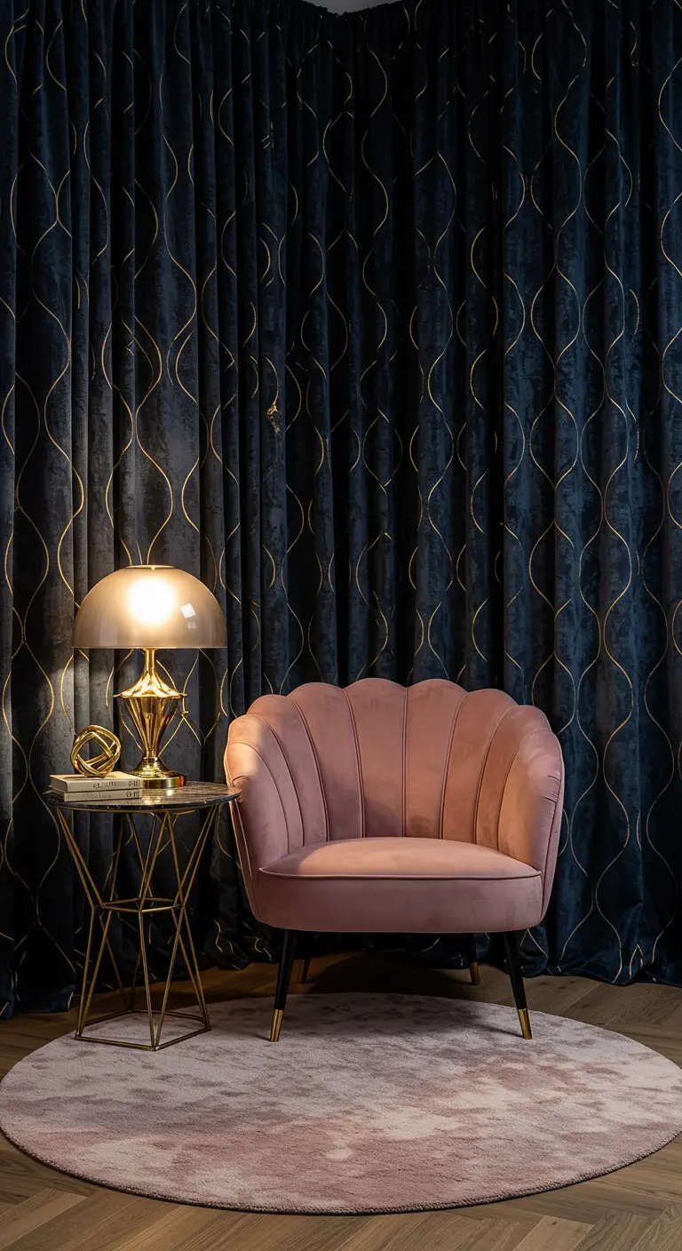 Elegante rincón de lectura con butaca de terciopelo rosa y cortinas azul oscuro con detalles dorados