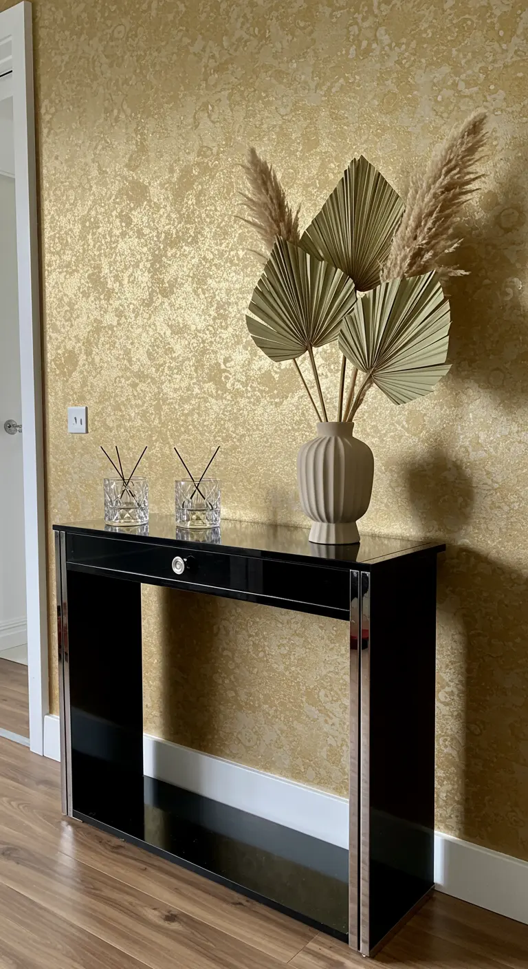 Consola negra brillante contra una pared dorada, con un jarrón de hojas de palmera secas.