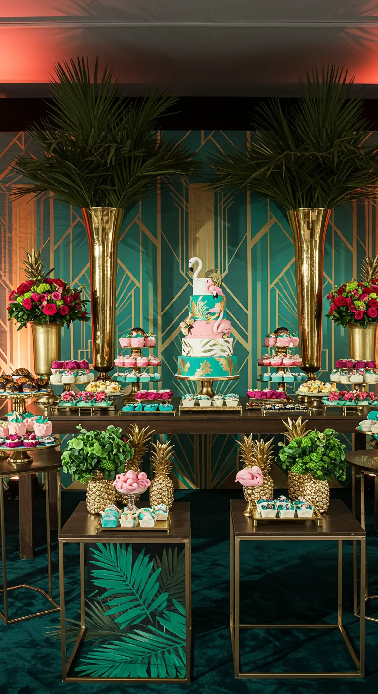 Mesa de postres Art Déco con tarta de flamencos, piñas doradas y fondo verde esmeralda.