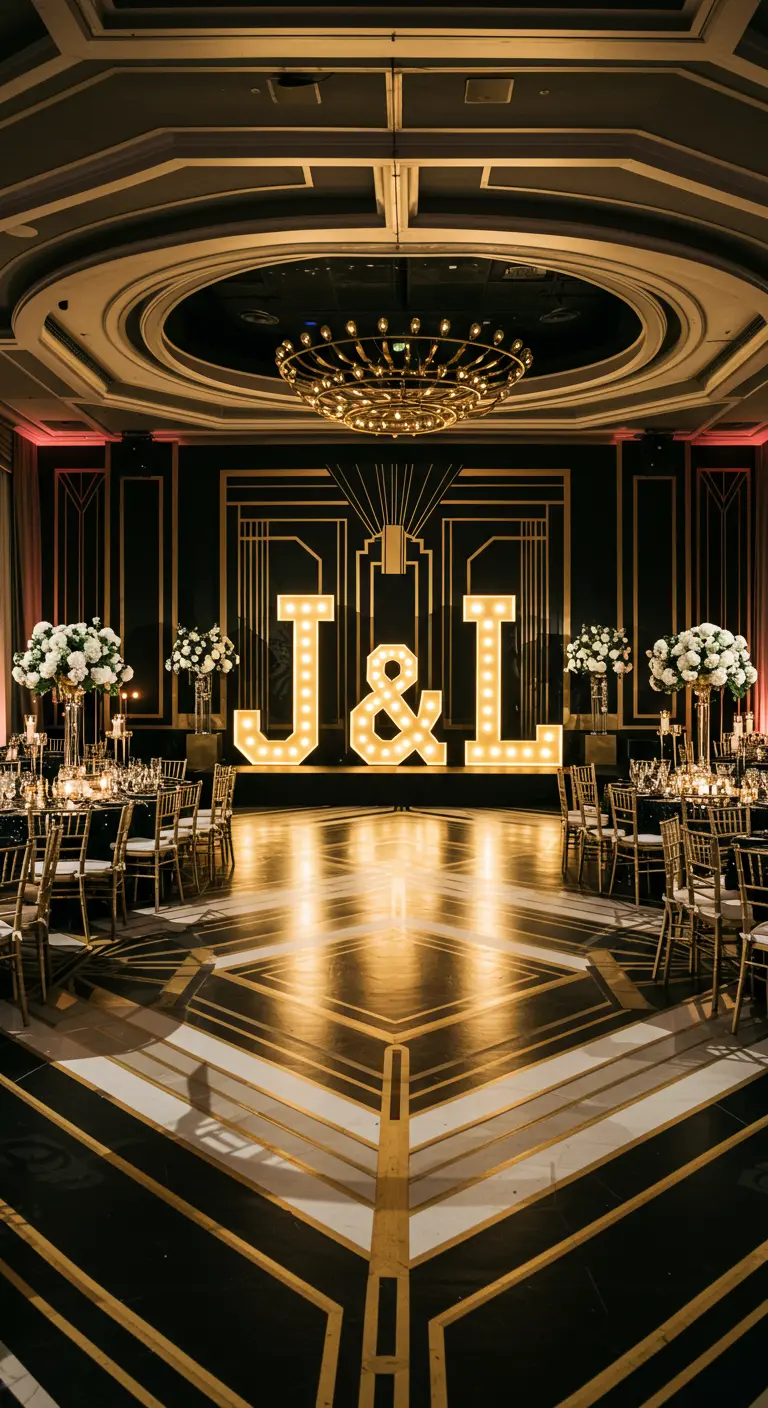 Iniciales luminosas J&L en un elegante salón de baile de estilo Art Déco.