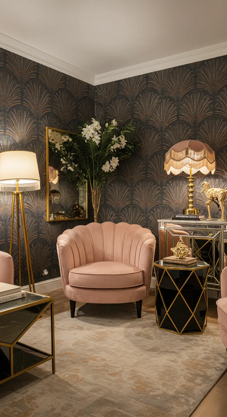 Elegante rincón de lectura Art Déco con un sillón de terciopelo rosa y papel pintado de abanicos.