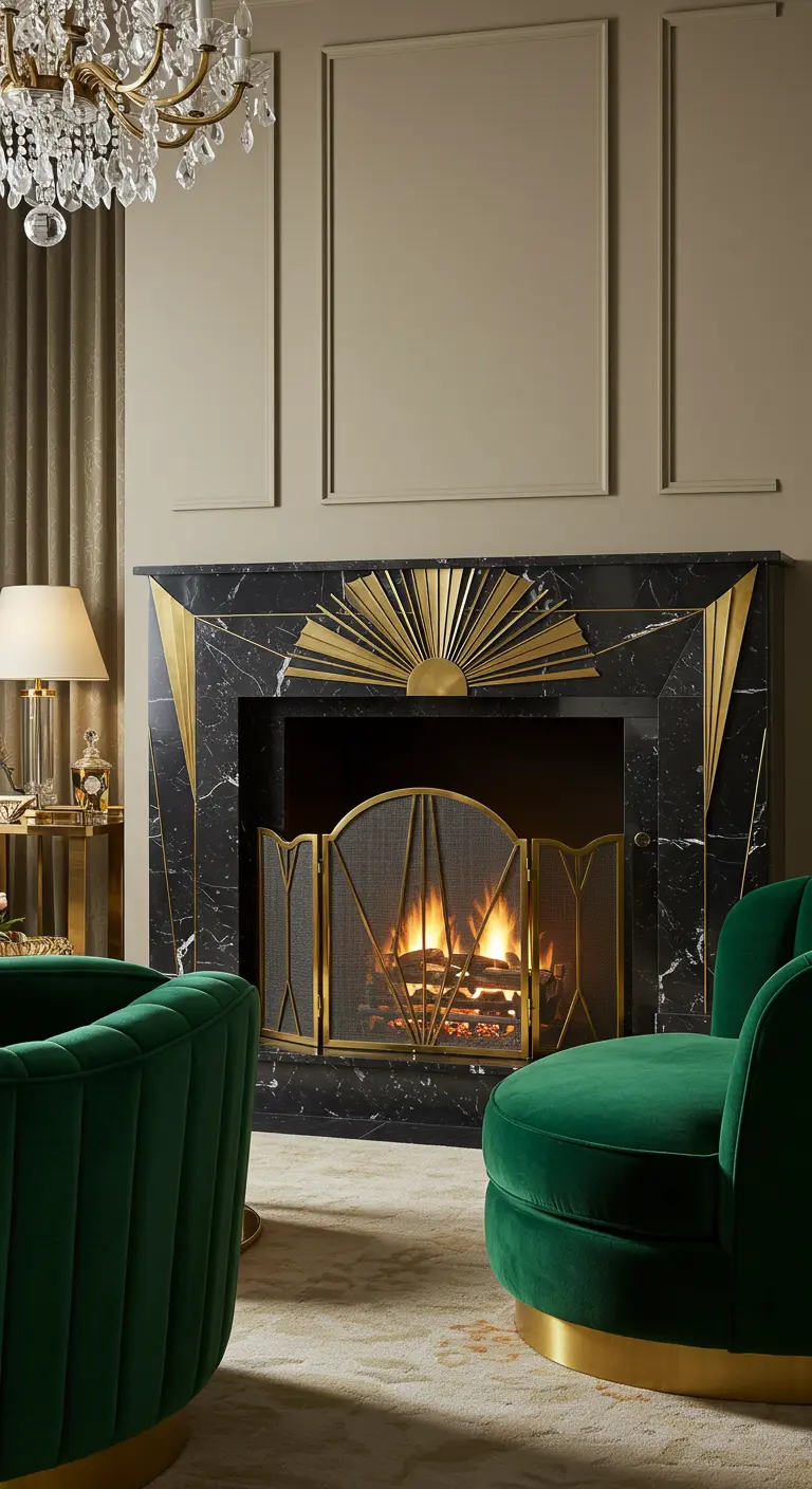 Chimenea Art Déco de mármol negro con detalles dorados y sillones de terciopelo verde.