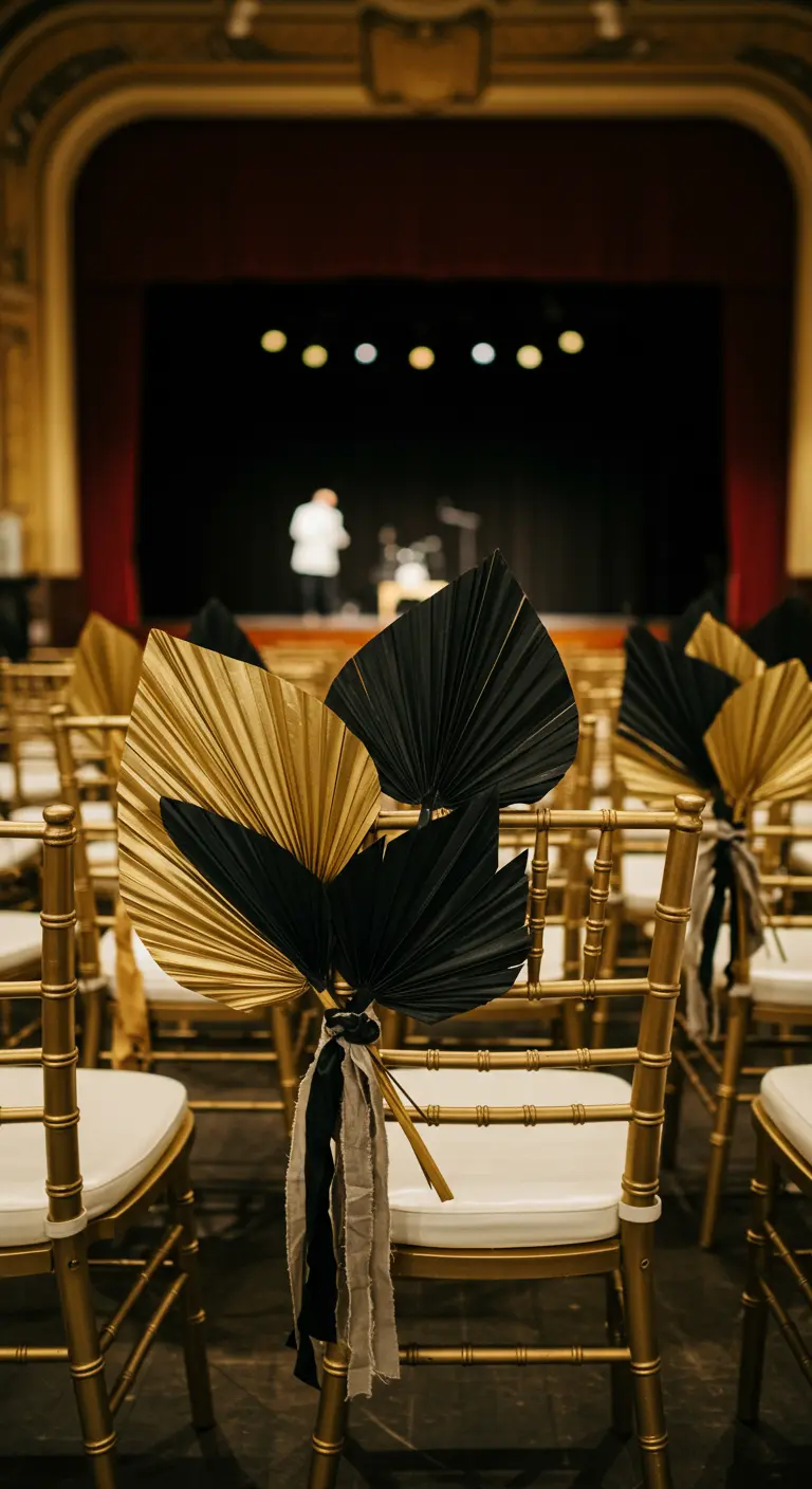 Sillas doradas con abanicos de hojas de palma secas en negro y dorado.