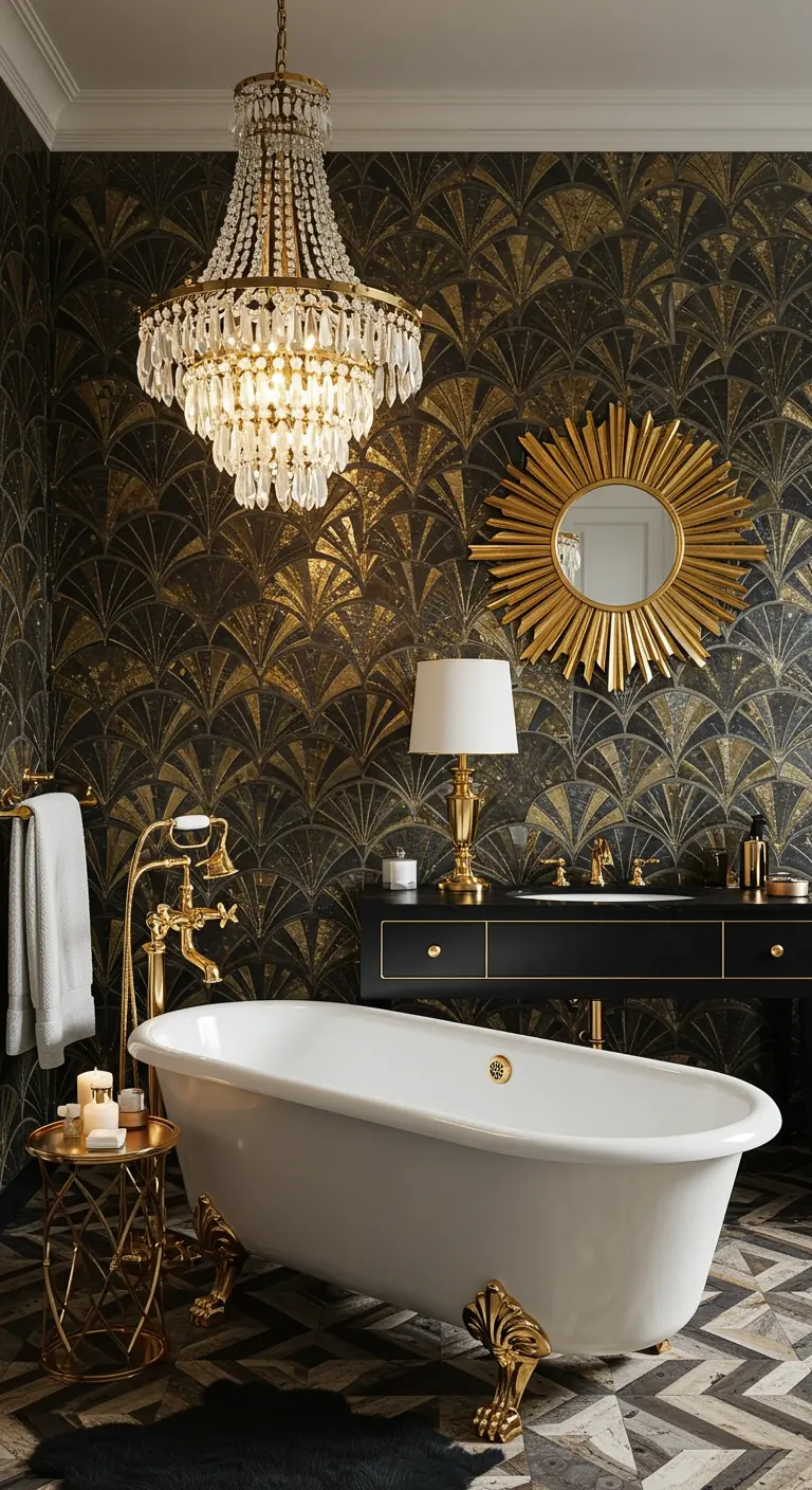 Baño de lujo Art Déco con papel pintado negro y dorado, y bañera con patas