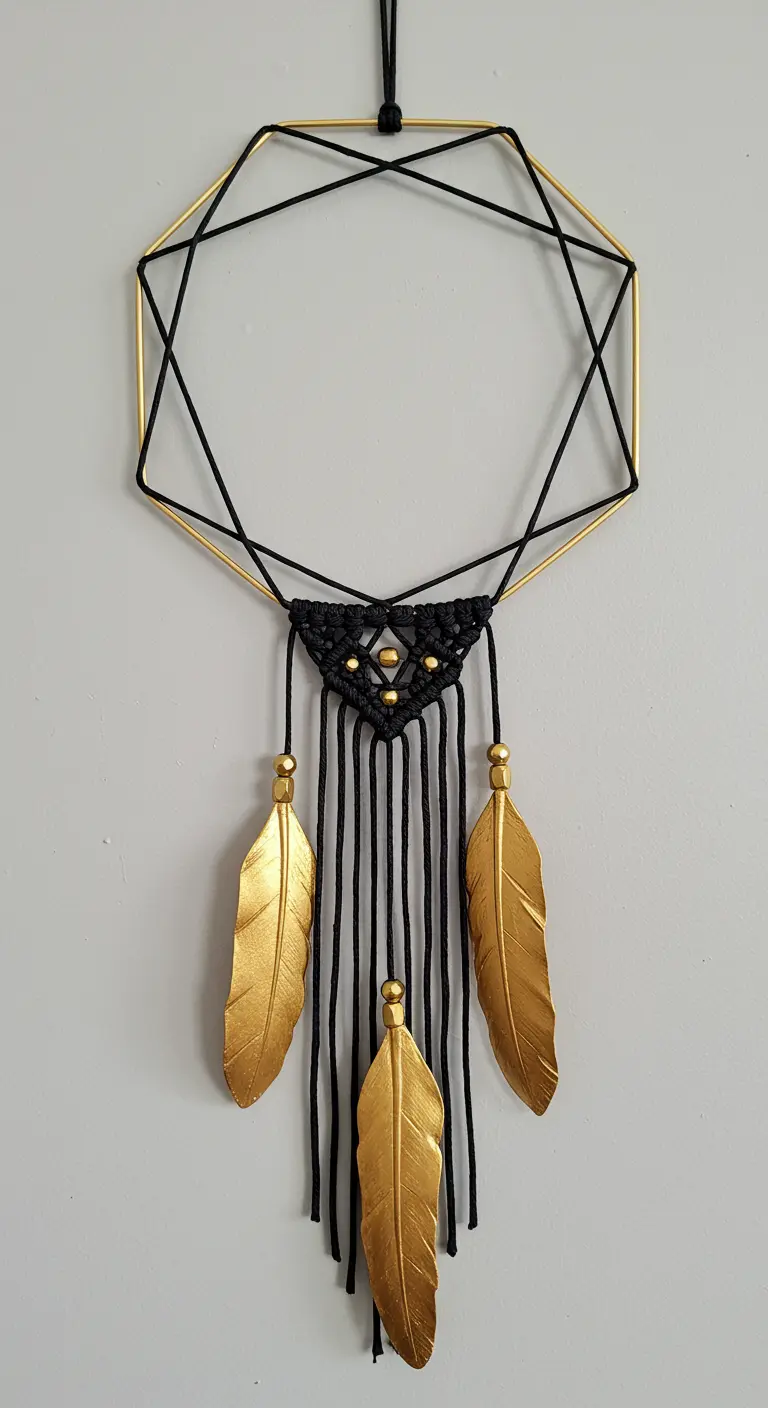Atrapasueños geométrico con aro dorado, macramé negro y plumas doradas metálicas.
