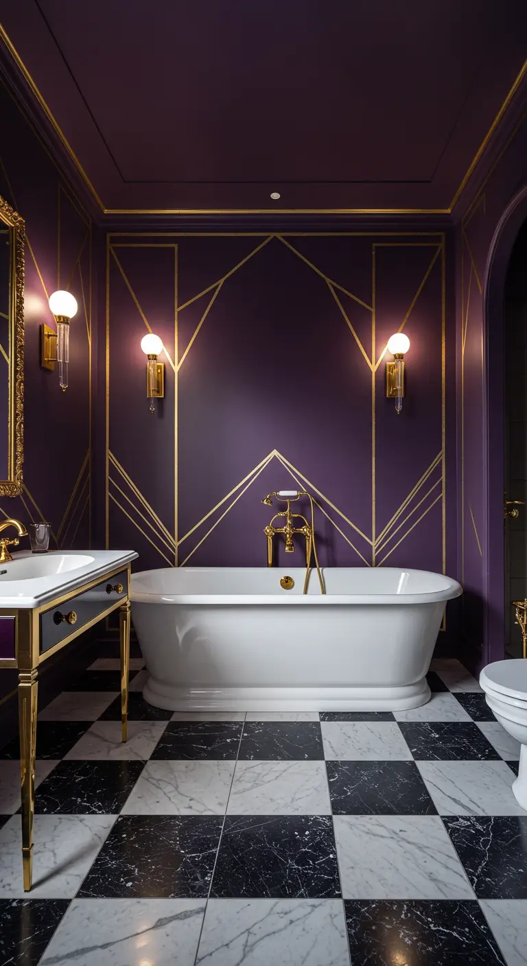 Baño Art Déco con paredes púrpuras, líneas doradas geométricas y suelo de mármol a cuadros