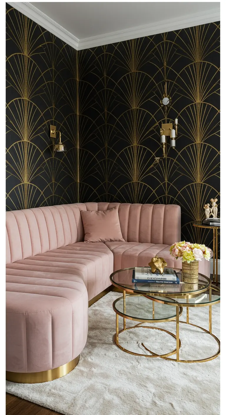 Sofá seccional curvo de terciopelo rosa en un salón art déco con papel pintado geométrico.