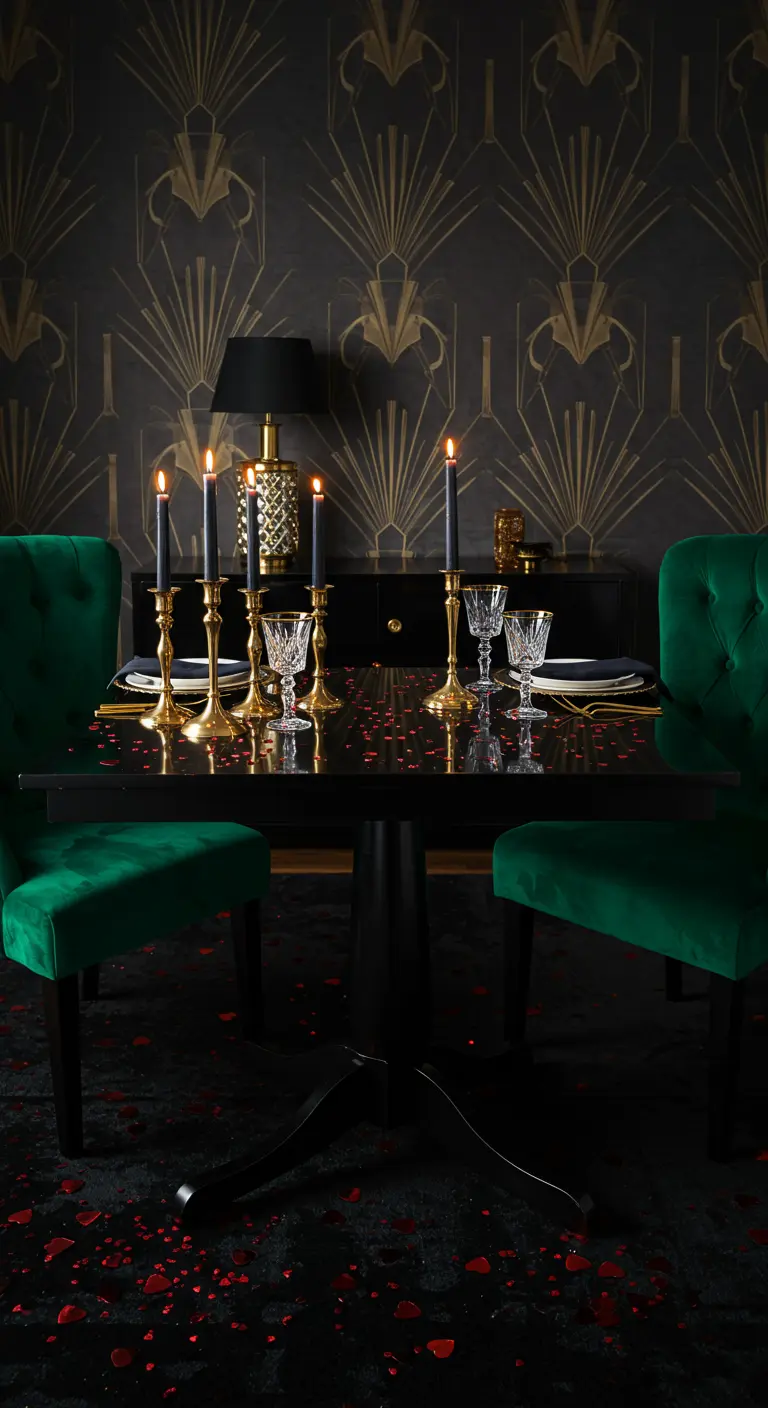 Comedor elegante con sillas de terciopelo verde, mesa negra y candelabros dorados.
