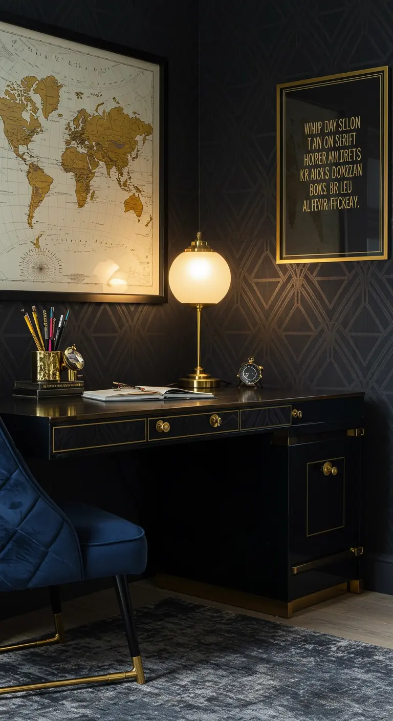 Oficina en casa glamurosa con escritorio negro, detalles dorados y un mapa en tonos dorados.