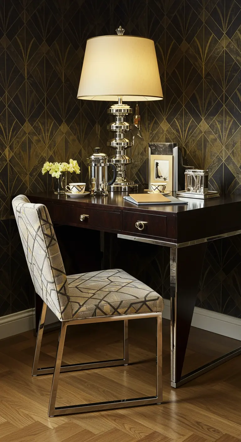 Elegante escritorio Art Decó con papel tapiz geométrico y una silla estampada.
