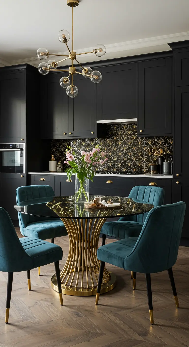 Cocina y comedor Art Déco con gabinetes oscuros, detalles dorados y mesa escultural.