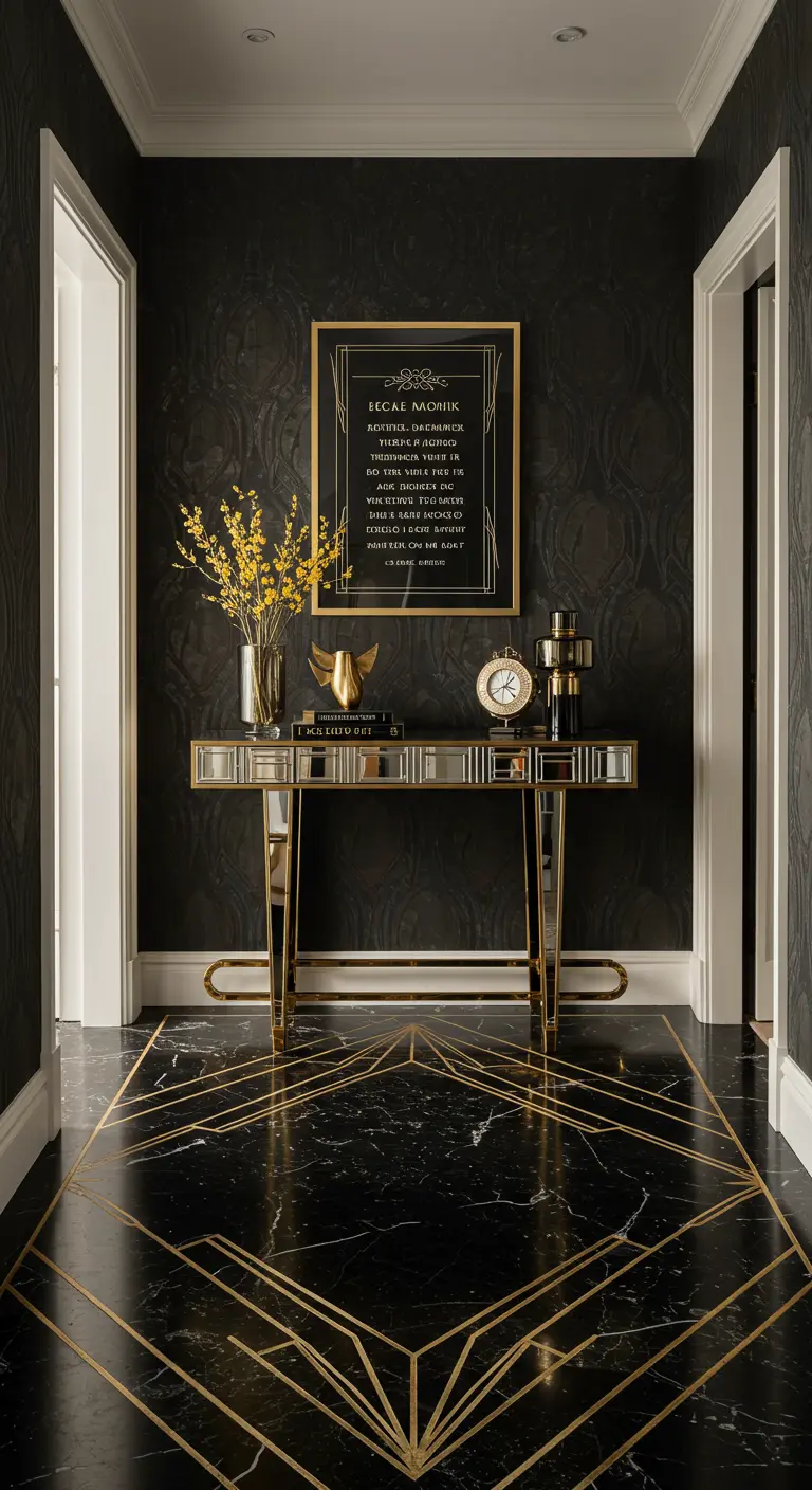 Entrada lujosa Art Decó con paredes negras, detalles dorados y un cuadro con lettering elegante.