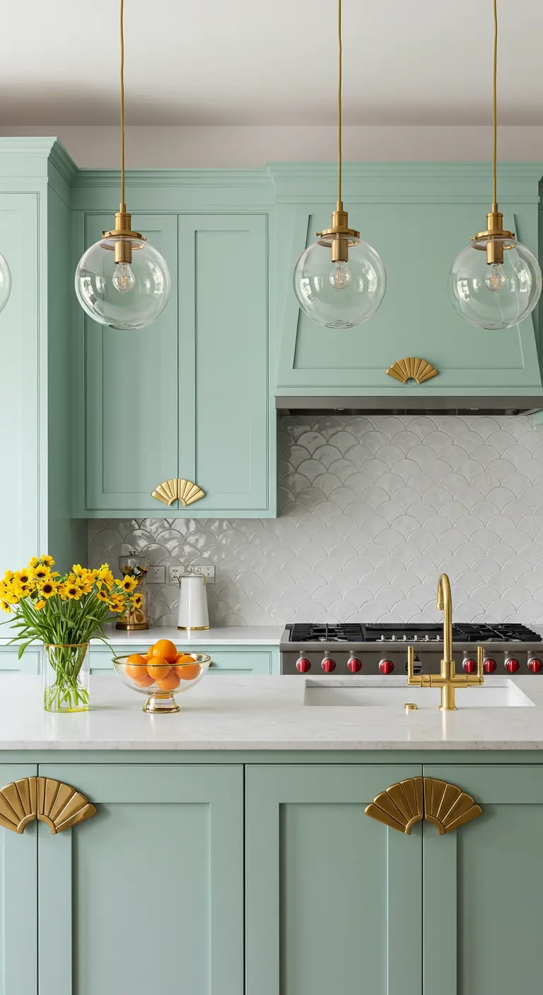 Cocina menta con tiradores dorados en forma de abanico y grifería a juego.
