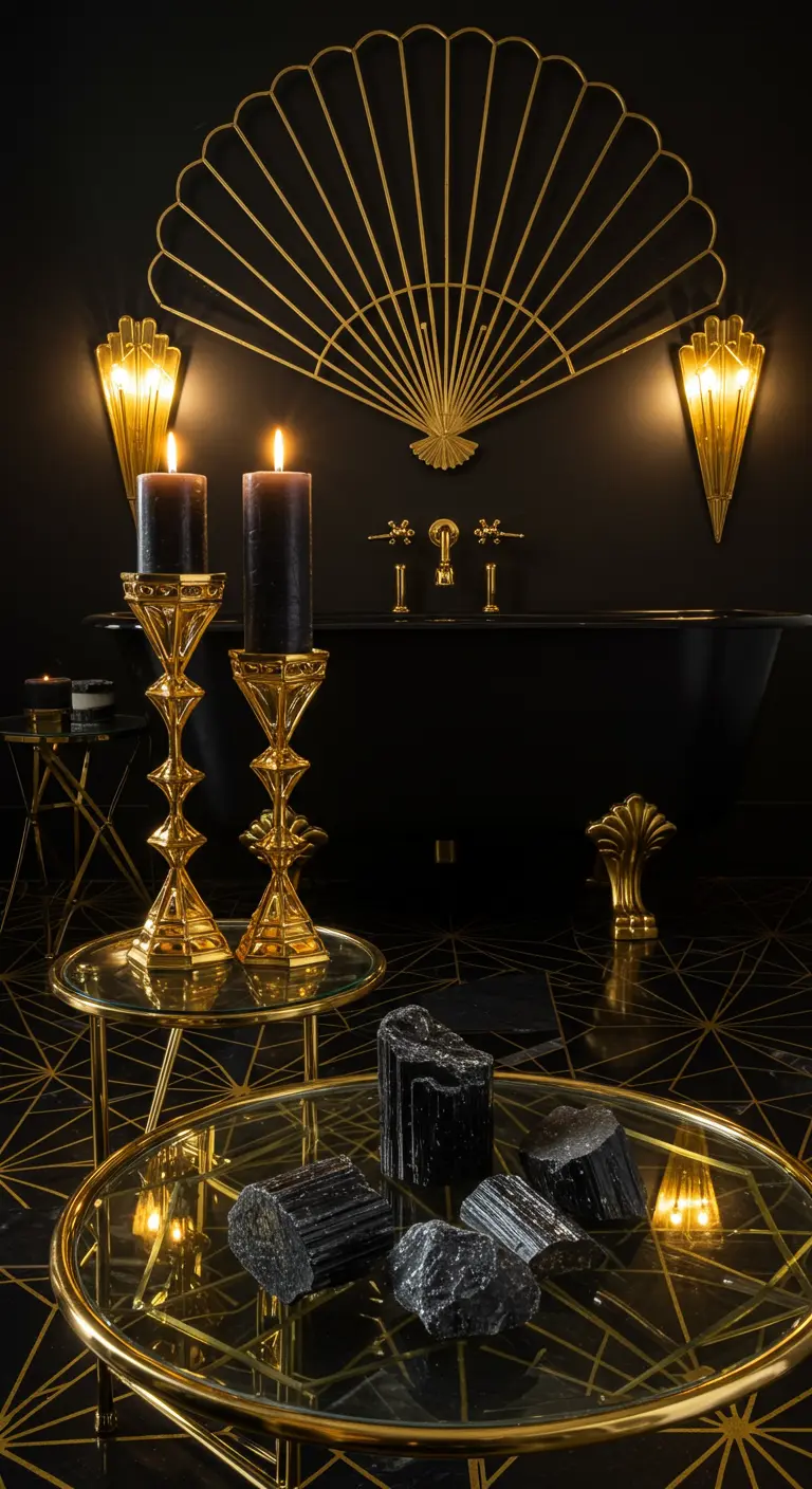 Baño Art Déco negro y dorado con candelabros altos y cristales de turmalina negra.