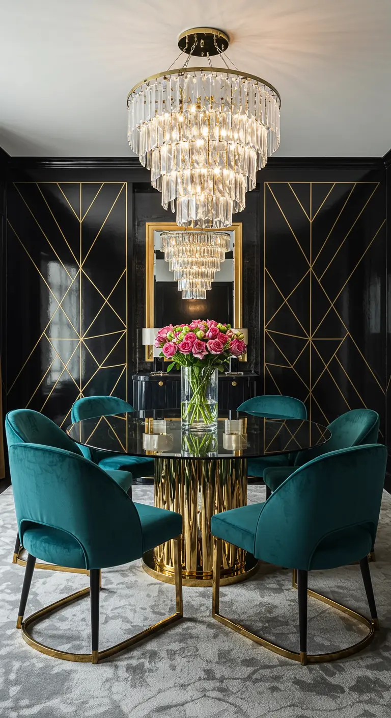Comedor Art Déco con paredes negras y doradas, y sillas de terciopelo verde azulado.