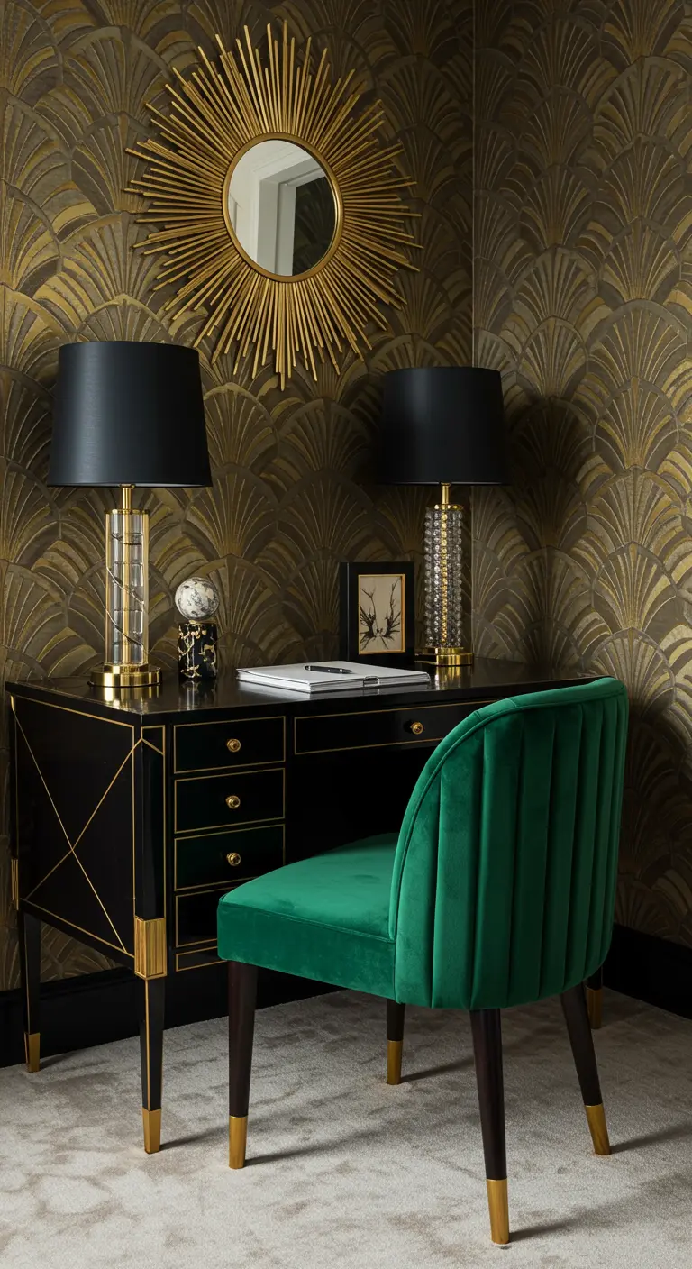 Rincón de trabajo Art Déco con papel pintado geométrico, escritorio negro y dorado, y silla de terciopelo verde.