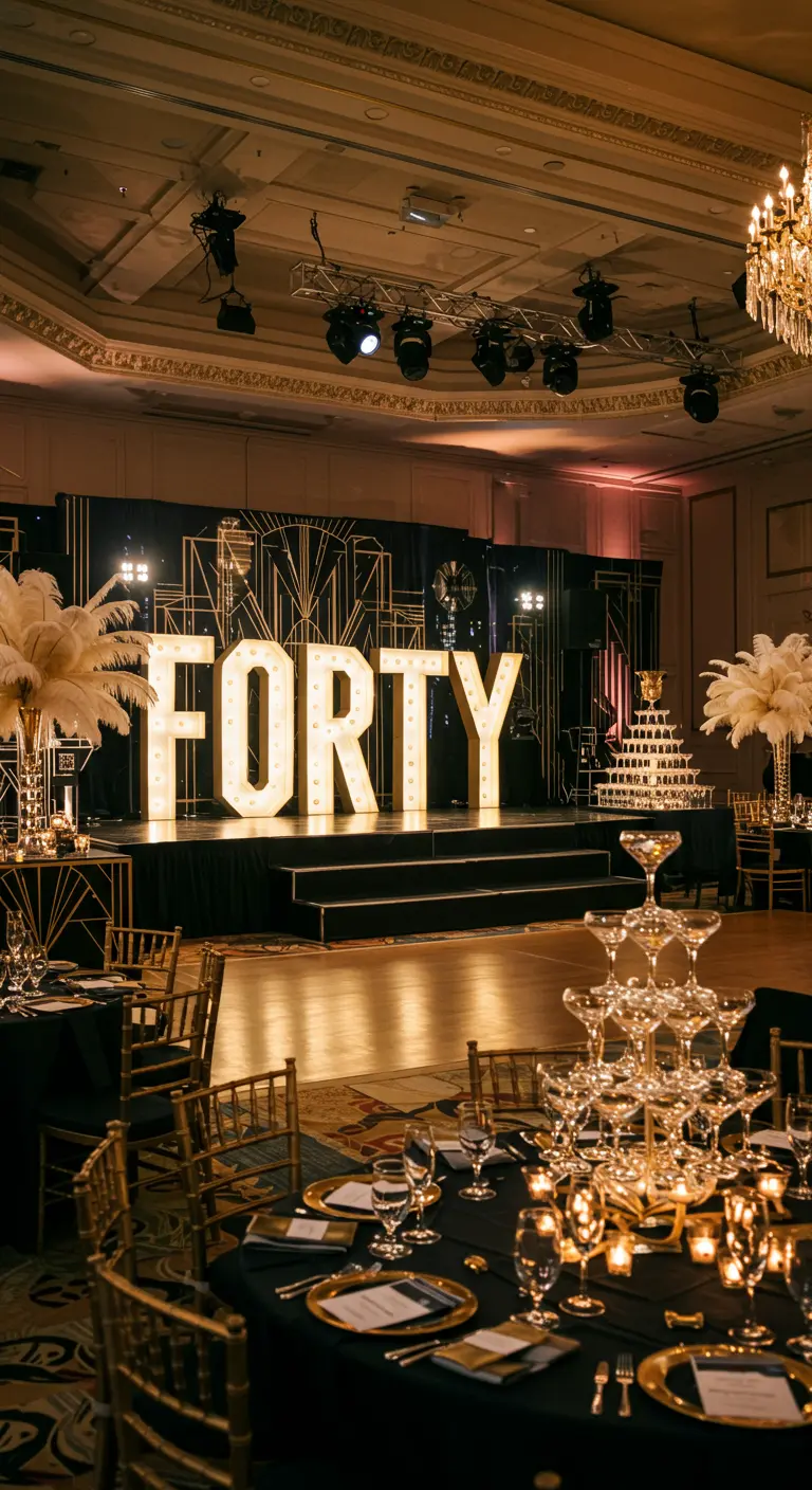 Letras 'FORTY' en un escenario de estilo Art Déco para una fiesta de 40 cumpleaños glamurosa.